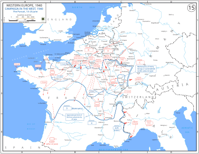 Mapa de la batalla de França entre el 13 i 25 de juny de 1940. El front italià es troba al sud-est