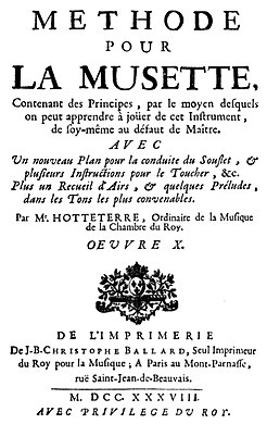 Couverture de la Méthode pour la Musette de Hotteterre (1738).