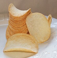 A stack of potato crisps.