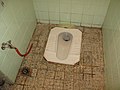 Typical toilet in urban Syria: Flush toilet squatting pan with hose on the left for anal cleansing.