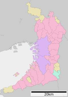 Mapa konturowa prefektury Osaka, blisko centrum u góry znajduje się punkt z opisem „Ikeda”