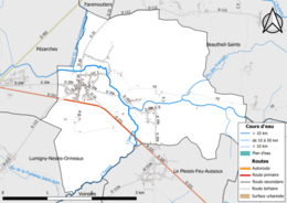 Carte en couleur présentant le réseau hydrographique de la commune