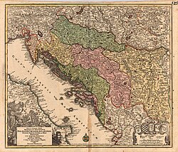 Map of Croatia, Dalmatia, Slavonia, Bosnia, Serbia, Istria and the Republic of Ragusa in the 18th century