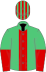 Emerald green, red stripe, halved sleeves, emerald green and red striped cap