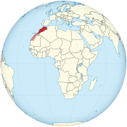 Dark red: Internationally recognized territory of Morocco. Lighter striped red: Western Sahara, a non-decolonized territory claimed by Morocco as its Southern Provinces.