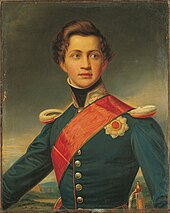 Tableau représentant un jeune homme en uniforme bleu avec une écharpe rouge.