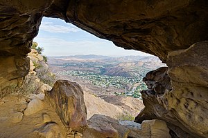 Oak Park viewed through nearby CoBa Arch in the Simi Hills