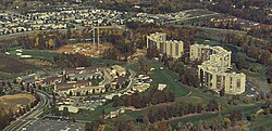 Aerial view of apartment buildings at Leisure World, mid 80s