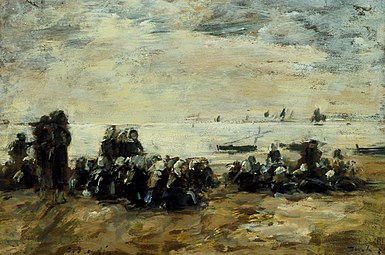 Femmes attendant des bateaux de pêche sur la plage de Berck, 1880 Southampton City Art Gallery