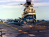 F4U-4 Corsair of VF-74 making crash landing on Bennington in 1953