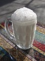 Ayran is a savory yogurt-based beverage, traditionally served cold and is sometimes carbonated and seasoned with mint and salt.