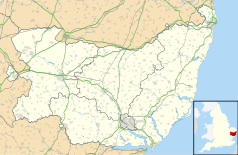 Mapa konturowa Suffolk, na dole znajduje się punkt z opisem „Portman Road”