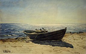 bateau de pêche sur la plage, aquarelle