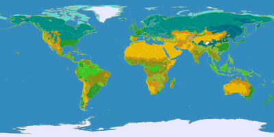 Map of the world. A tan band stretches from northern Africa through central China; most of Australia and parts of south Africa and the western Americas are also tan. Dark greens dominate the northern hemisphere. Lighter greens cover much land near the equator. Polar areas are white, the north fringed with light blue.