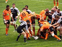 Des joueurs de rugby cherchent à attraper le ballon de match au sol derrière un regroupement.