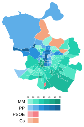 Mapa del resultado por distritos de la elección municipal de 2019 en Madrid