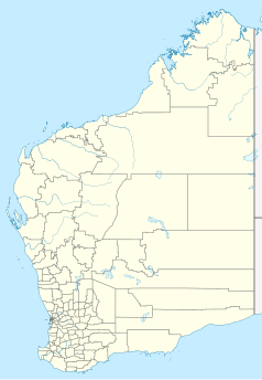 Mapa konturowa Australii Zachodniej, na dole po lewej znajduje się punkt z opisem „Katedra św. Jerzego”