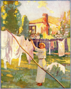 Plate One from Doreen (1917) by C. J. Dennis (captioned: "As she come walkin' in the grass, me little wife, Doreen.").