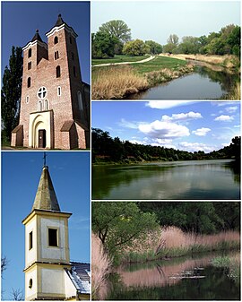 Em sentido anti-horário: Igreja de Santiago; Igreja Luterana; margem do rio Marcal; Lago Kaszalapi; e rio Marcal.