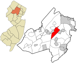 Location of Denville Township in Morris County highlighted in red (right). Inset map: Location of Morris County in New Jersey highlighted in orange (left).