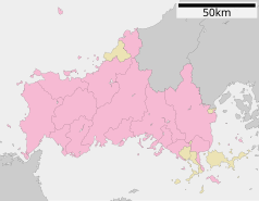 Mapa konturowa prefektury Yamaguchi, na dole po prawej znajduje się punkt z opisem „Hirao”