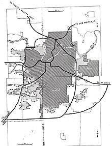 A map showing the path of the highway as planned in 1955.