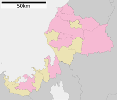 Mapa konturowa Fukui, na dole po lewej znajduje się punkt z opisem „Takahama”