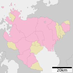 Mapa konturowa prefektury Saga, po prawej znajduje się punkt z opisem „Miyaki”