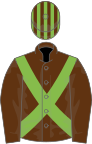 Brown, light green cross sashes, striped cap