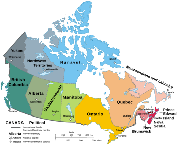 A map of Canada showing its 10 provinces and 3 territories