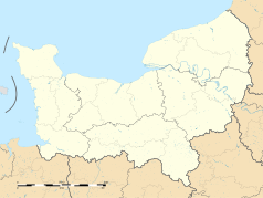 Mapa konturowa Normandii, w centrum znajduje się punkt z opisem „Tourville-en-Auge”