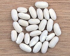 About 25 white beans are clustered together flat on a tan surface.