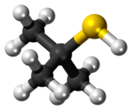 Ball-and-stick model of the tert-butylthiol molecule