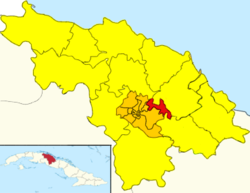 Camilo Cienfuegos (red) in Santa Clara (orange) in Villa Clara (yellow)