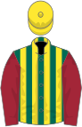 Dark green and yellow stripes, maroon sleeves, yellow cap