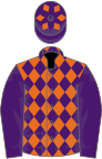 Orange and purple diamonds, purple sleeves, purple cap, orange diamonds