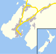 Mapa konturowa Wellington, blisko centrum na lewo znajduje się punkt z opisem „Sky Stadium”