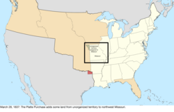 Map of the change to the United States in central North America on March 28, 1837