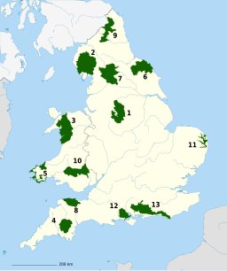 Kort over nationalparker i England og Wales. Lake District National Park ses som nummer 2.