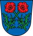 Markt Unterthingau In Blau zwei rote Mohnblumen an schräg gekreuzten, beblätterten grünen Stängeln.