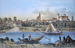 Fiskare på Elbe, i bakgrunden syns Strehla, stålstick av J. Umbach, omkring 1850.