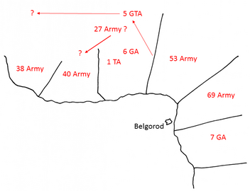 The German intelligence view of the Belgorod front, on the south of the Kursk salient, 2 August 1943 (GA: Guards Army; TA: Tank Army)