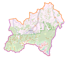 Mapa konturowa powiatu tatrzańskiego, w centrum znajduje się punkt z opisem „Wielka Krokiewim. Stanisława Marusarza”