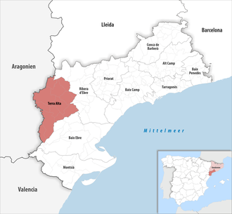 Die Lage der Comarca Terra Alta in der Provinz Tarragona