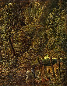 A painting of St George slaying the dragon set in a dense forest in which the figures are dwarfed by the trees. A distant landscape is seen through a break.