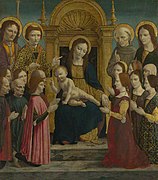 Coazzoni milanesi nella Madonna con Bambino in trono tra san Giacomo Maggiore, santo Stefano, san Bernardino da Siena, san Giovanni Evangelista e donatori, Maestro della Pala Sforzesca (1490-1495 circa).