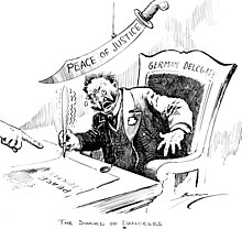 A political cartoon from Clifford Berryman following World War I, depicting a German delegate shakily signing a peace treaty as directed by the large hand of the Allied Powers, while a large sword bearing the inscription "Peace of Justice" hangs by a thread above him