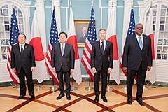 左から浜田靖一防衛相、林、ブリンケン国務長官、ロイド・オースティン国防長官（2023年1月11日）