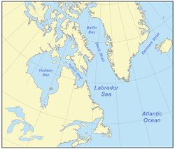 Map of water bodies in northeastern Canada, including Baffin Bay and the Labrador Sea, which occupy basins created by the Canadian Arctic Rift System.