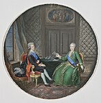 Gustav III tillsammans med Katarina II i Fredrikshamn 1783. Kungen hade strax innan brutit vänster arm när han föll av hästen under en militärmanöver vid Parola malm, miniatyr av Cornelius Høijer.